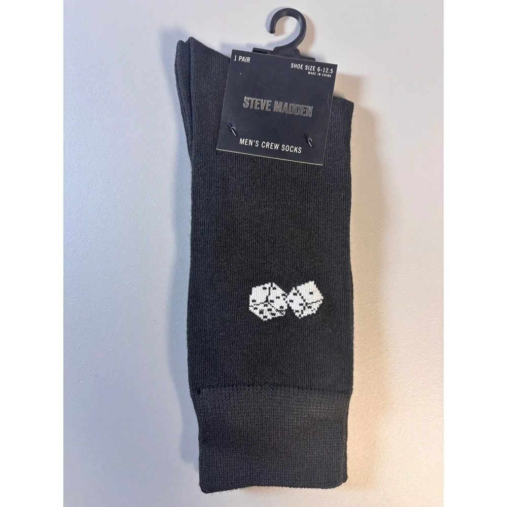 Steve Madden Mens Crew Socks‎ 6 Pack Shoe Size 6-12.5 Novelty Patterns Black